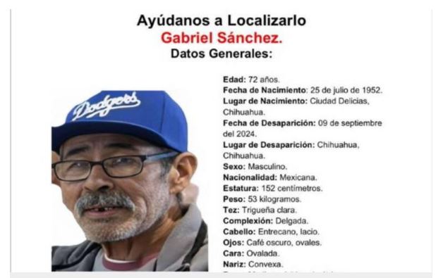 Sigue la búsqueda de Gabriel Sánchez; el adulto mayor desapareció desde el 9 de septiembre
